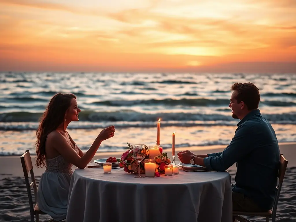 A couple enjoying a romantic sunset dinner on a secluded beach, with candles and soft lighting creating an intimate atmosphere. The scene evokes feelings of love, tranquility, and exclusivity, highlighting the romantic experiences offered by Turbo Travelers.