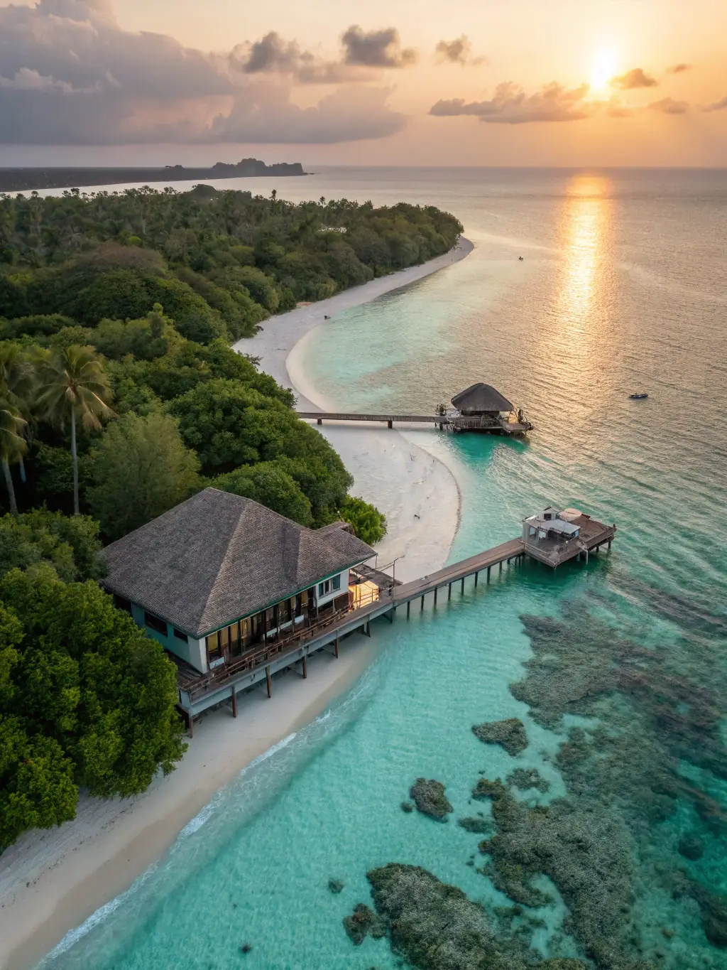 A couple relaxing in a luxurious overwater bungalow in the Maldives, with crystal-clear turquoise waters and vibrant coral reefs visible below, emphasizing the premium accommodations.