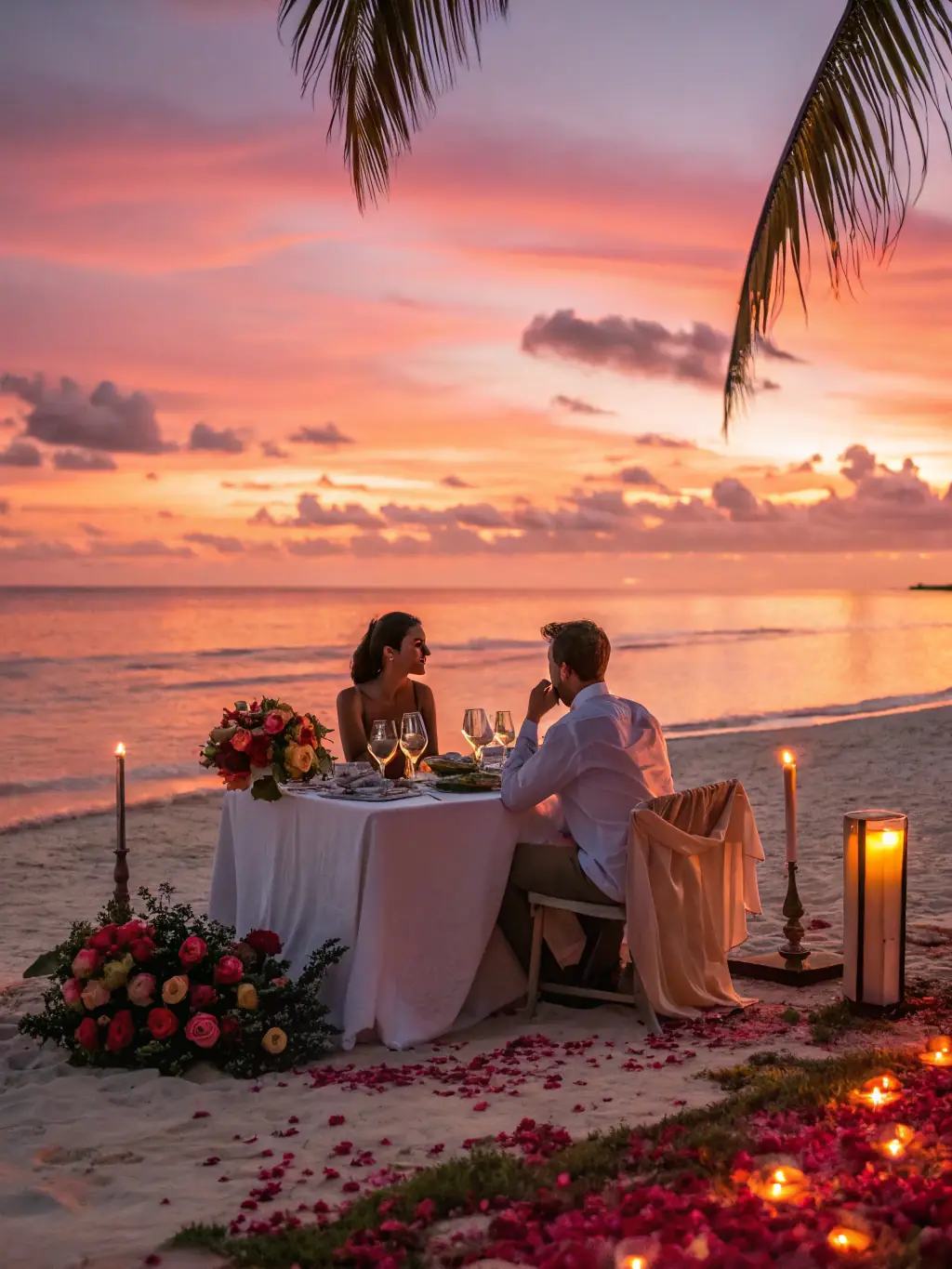 A couple enjoying a private, candlelit dinner on a pristine beach at sunset, with a personal chef serving gourmet dishes, showcasing the exclusivity of the dining experience.
