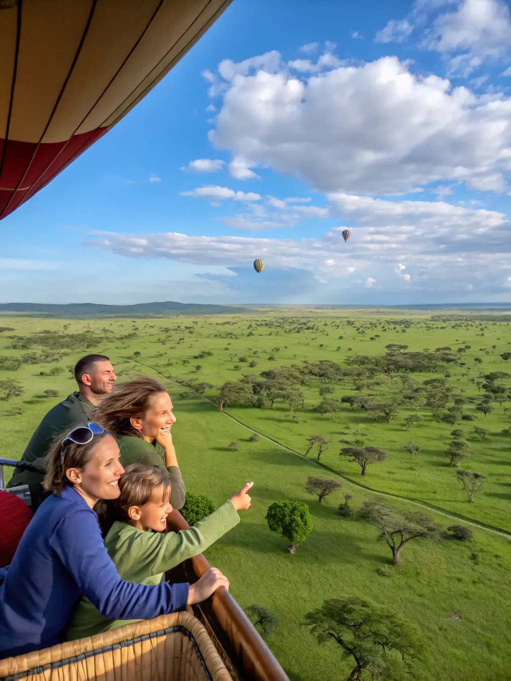 A couple enjoying a hot air balloon ride over the Serengeti, witnessing the breathtaking wildlife and landscapes from a unique perspective, showcasing the adventurous activities.
