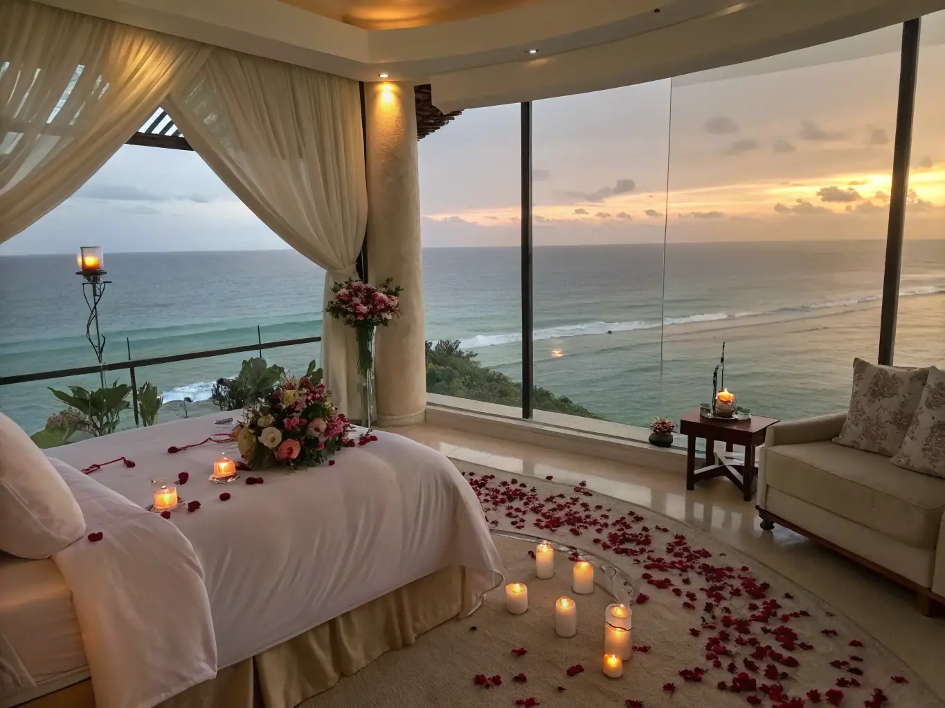 A couple relaxing in a luxurious suite with a private balcony overlooking a stunning ocean view. The suite is elegantly decorated with romantic touches, such as fresh flowers and champagne, emphasizing the luxurious accommodations offered by Turbo Travelers.